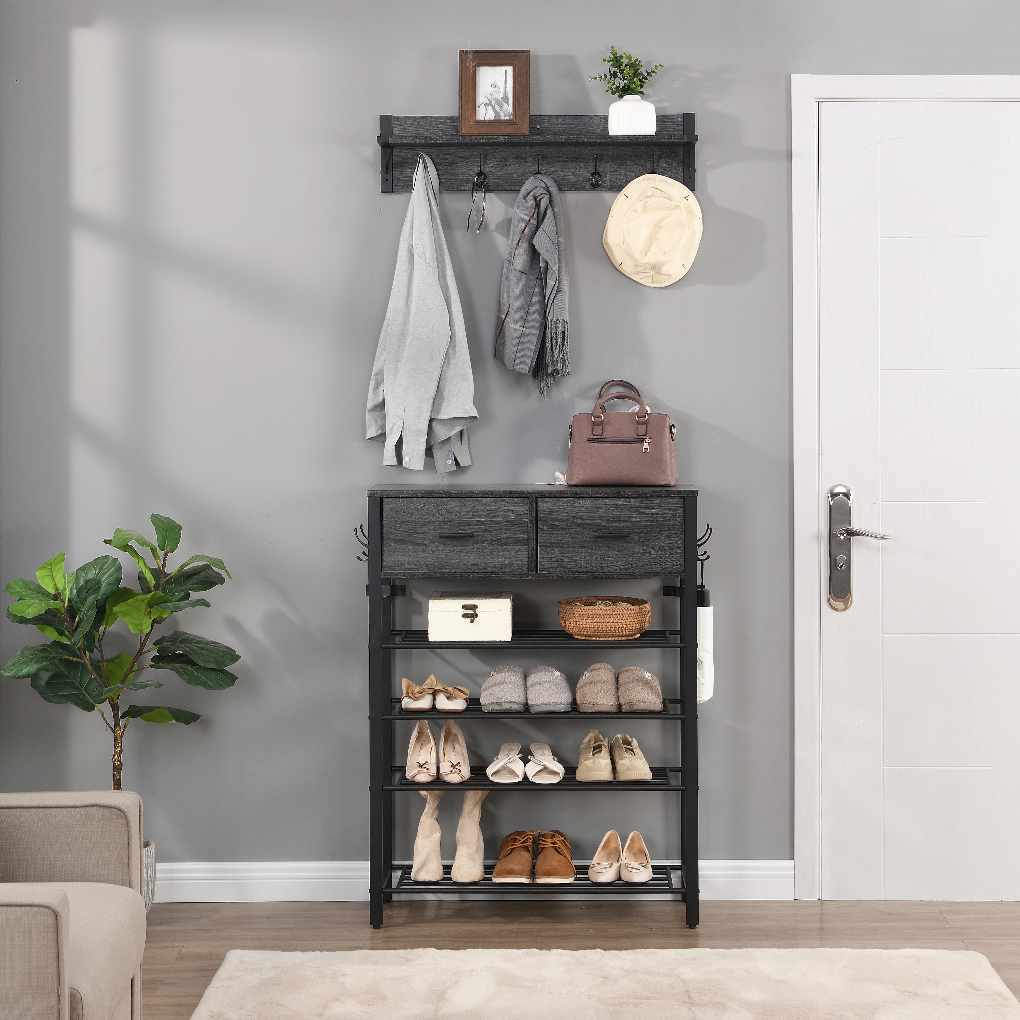 Shoe cabinet with coat hanger store