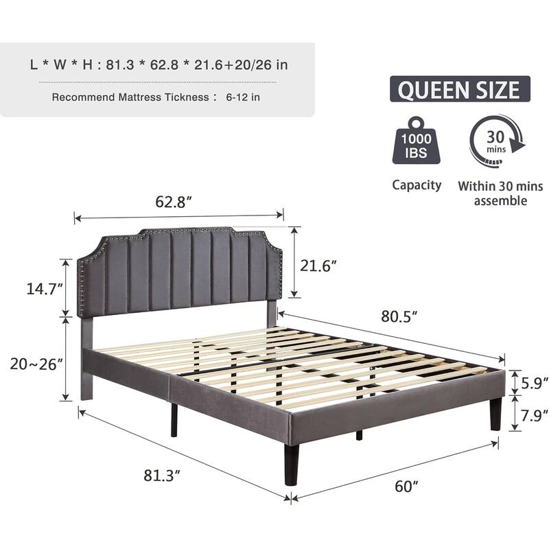 VECELO Upholstered Bed Frame with Nailhead Trim Adjustable Height Headboard, Twin/Full/Queen Size Bedframes