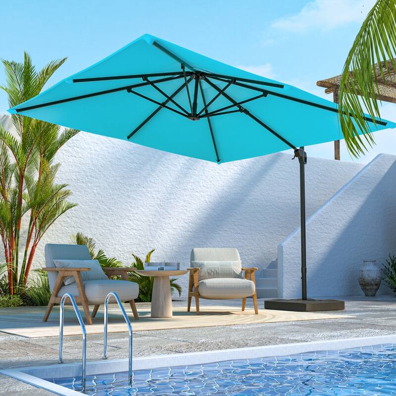 LIVOOSUN Patio10x10FT Aluminum Cantilever Umbrella Solution-Dyed Fabric w/Base - LightBlue