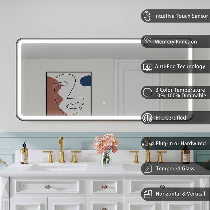 Wall Mounted Bathroom Framed LED Mirror With Anti- Fog,Memory Function And Dimmable Light Touch Sensor