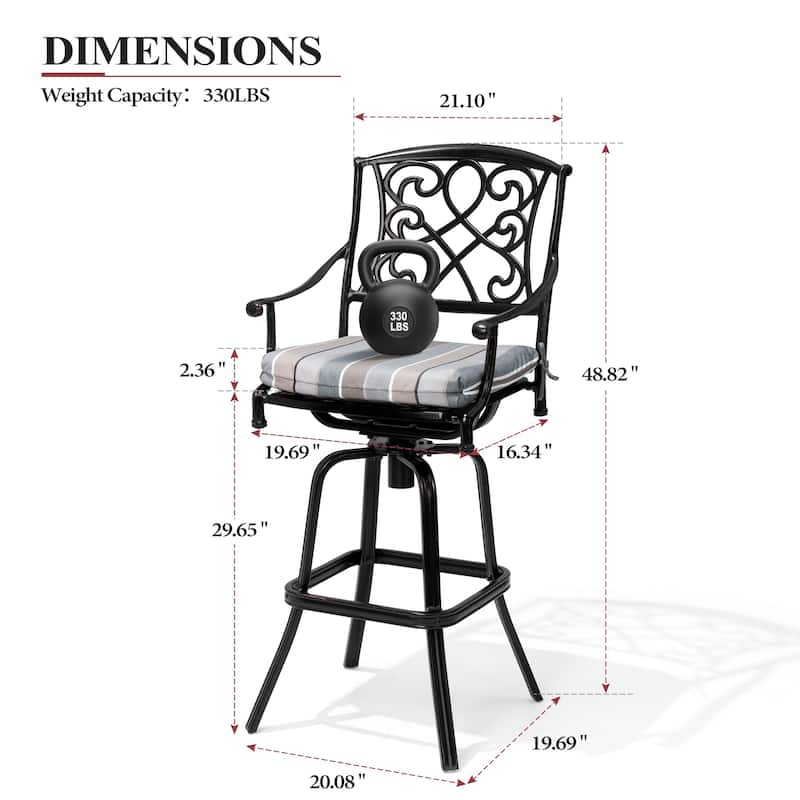 Set of 2/4 Outdoor Cast Aluminum Swivel Bar Stools with Sunbrella Fabric Cushion