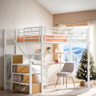 Contemporary Full Size Metal Loft Bed with Wardrobe, Desk, Storage Shelves, Space-saving Design & Safety Guaranteed