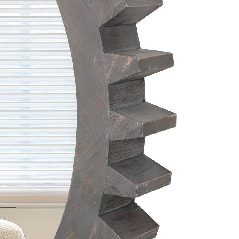 Roomfitters 42" Extra Large Round Gear Wall Mirror, Industrial Wood Accent Mirror for Living Room & Entryway, Dark Brown