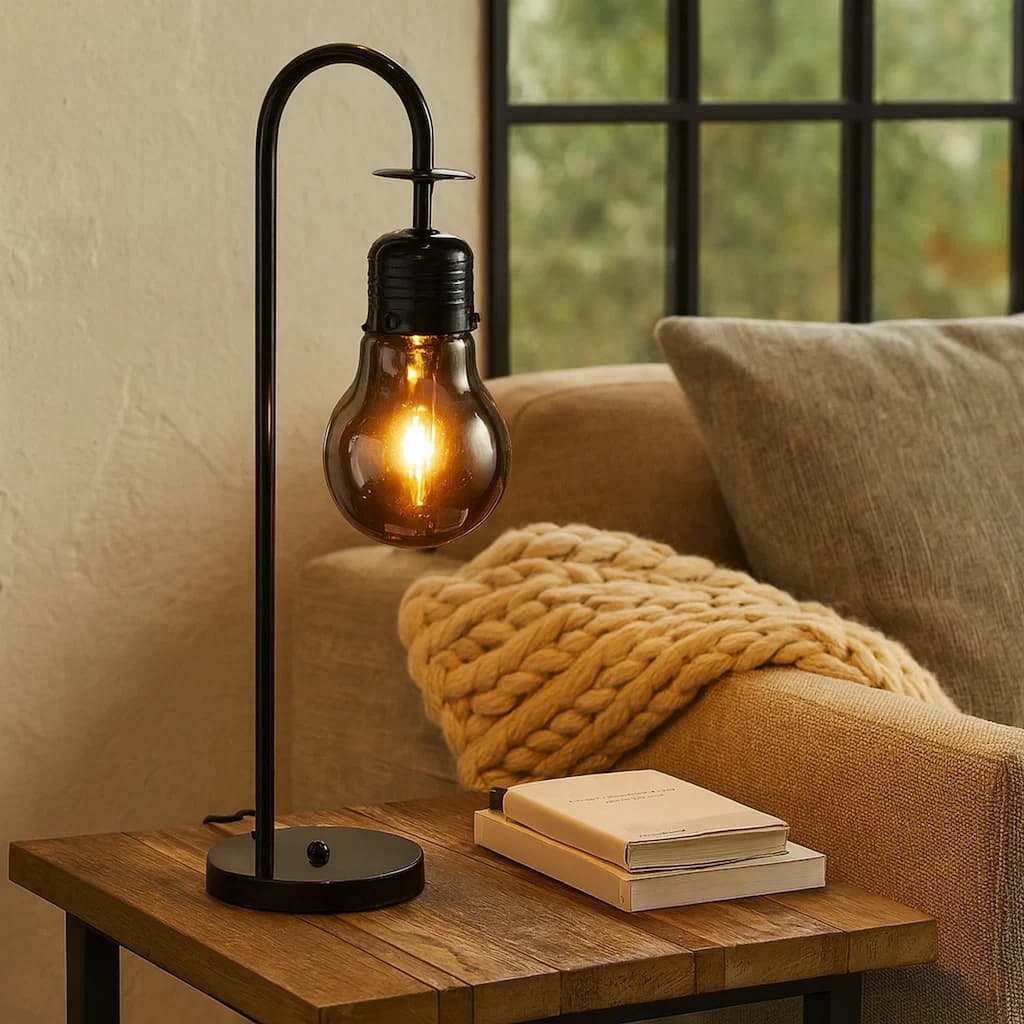 30 Inch Arc Table Lamp, Glass Bulb Shaped Shade, Metal, Black Nickel