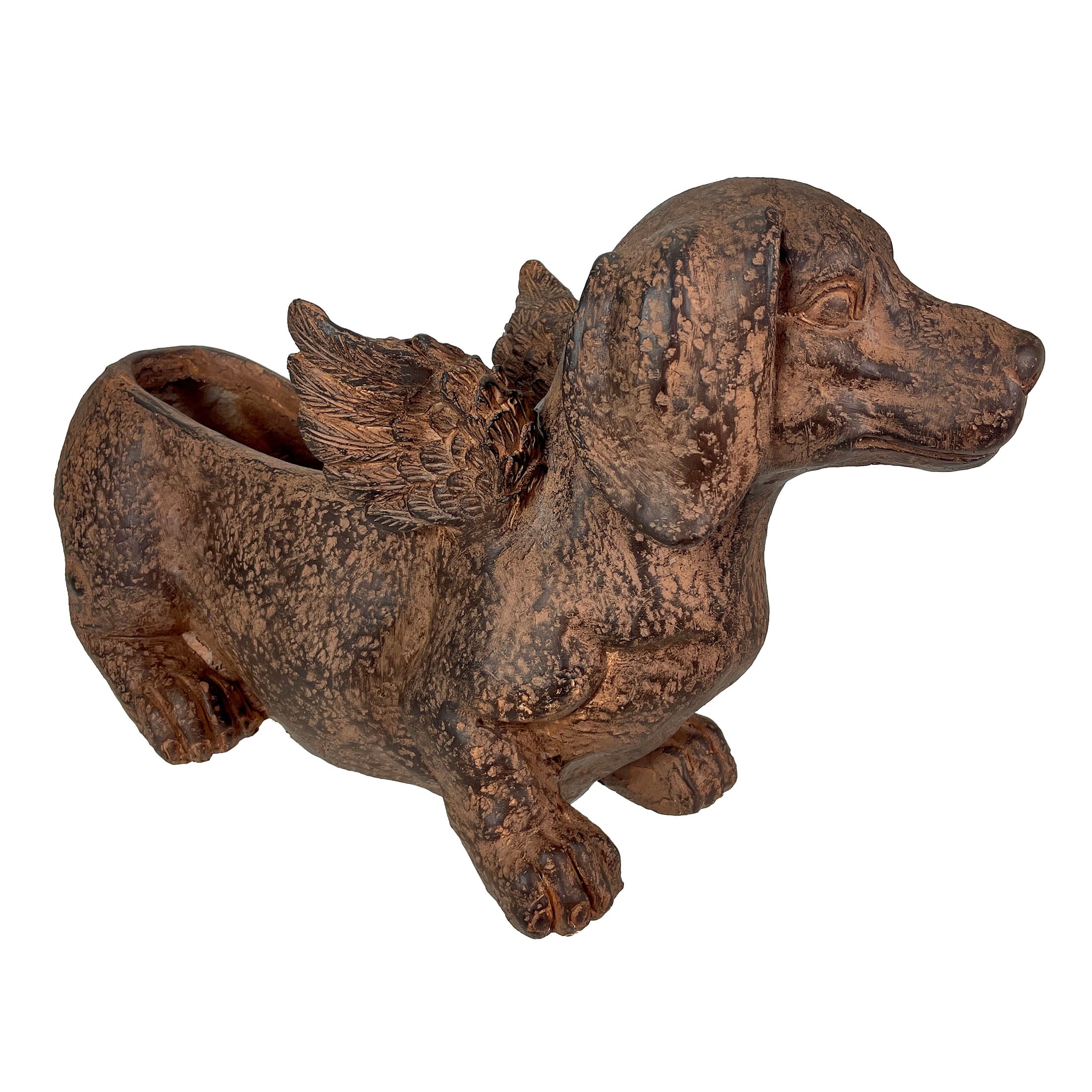 Flying Wiener Dog Planter 18" Brown, With Drain Hole, Rustic Garden - 11 X 18 X 7 inches