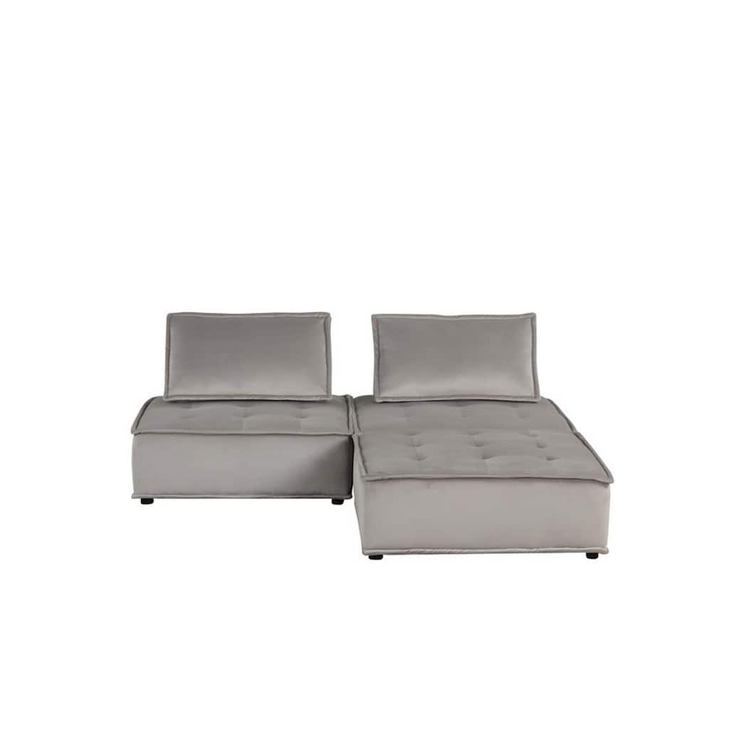 Nob 80 Inch 3 Piece Sectional Sofa and Ottoman, Tufted, Gray Velvet