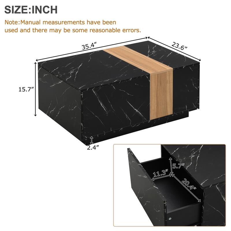 Modern 35.4 x 23.6 Inch Two-tone Coffee Table with Faux Marble and Walnut Wood Grain Finish