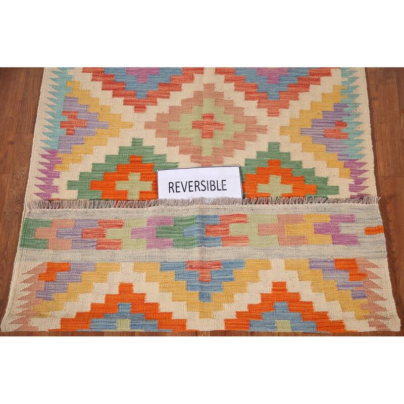 Reversible Kilim Area Rug Flatweave Geometric Wool Carpet - 3'6"x 5'4"