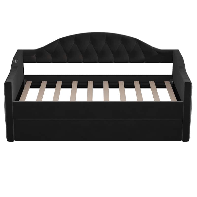 Tufted Upholstered Frame Daybed Velvet Sofa Bed with USB and Type-C Charging Ports, Twin Platform Low Profile Bed with Trundle