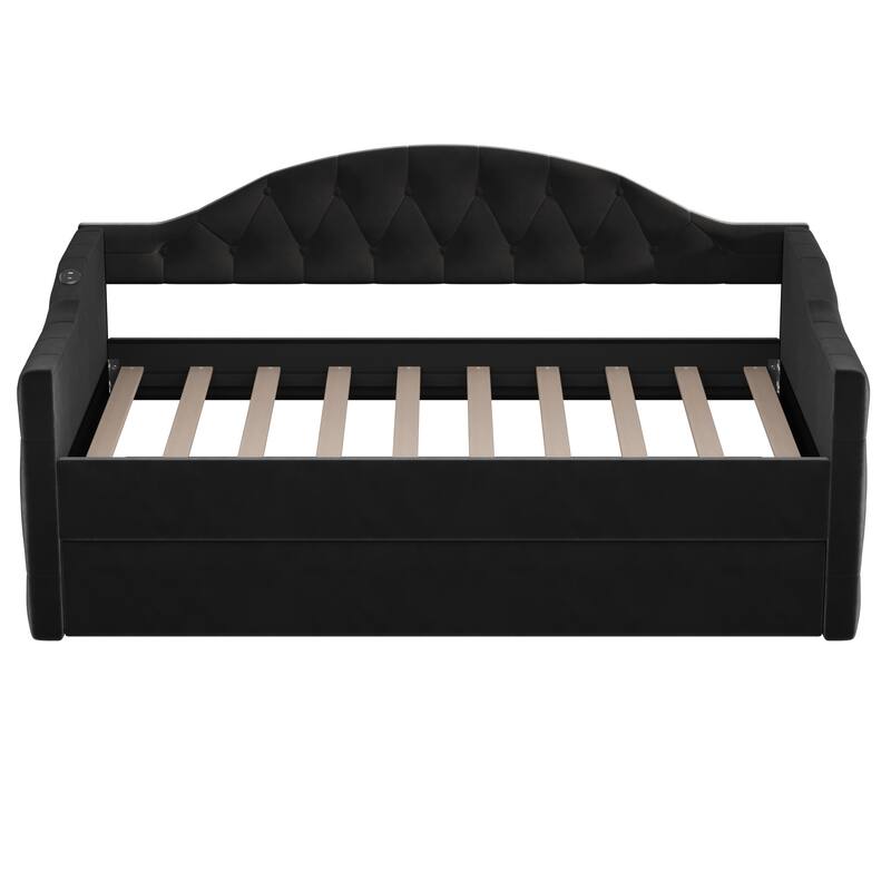 Twin Size Tufted Upholstered Daybed, Velvet Fabric Sofa Bed Frame with Trundle, Living Room Twin Daybed Frame with USB Ports