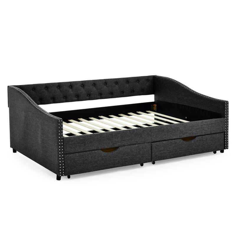 Tufted Button Daybed with 2 Storage Drawers/Upholstered Sofa Bed Frame w/Copper Nail on Waved Shape Armrests/No Spring Box Need