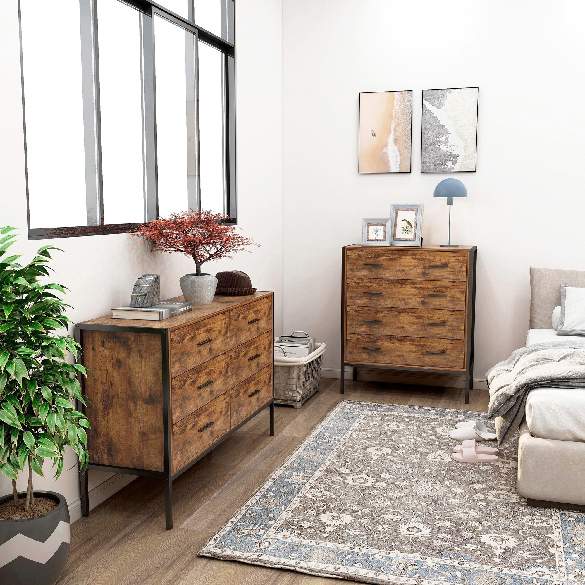 industrial dresser 55"W for Bedroom with 2 Open Shelves, Chest of Drawers with Metal Frame & Wooden Shelves Top for Entryway, Closet Includes step Modern Industrial Grey Metal And