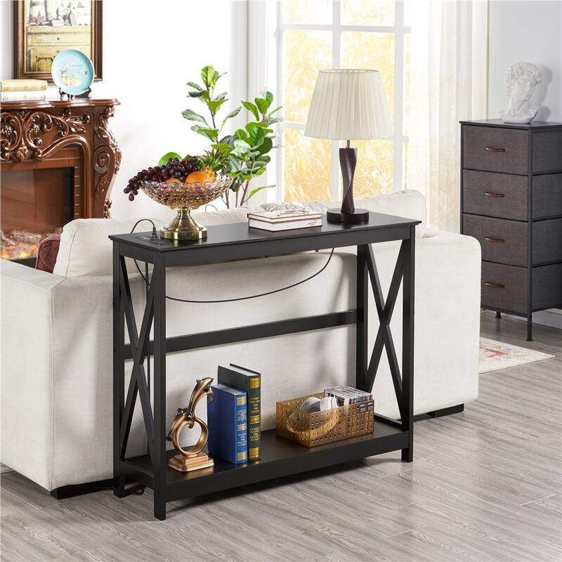 Yaheetech 2-Tier Narrow Sofa Table with Outlet Industrial Long Console Table