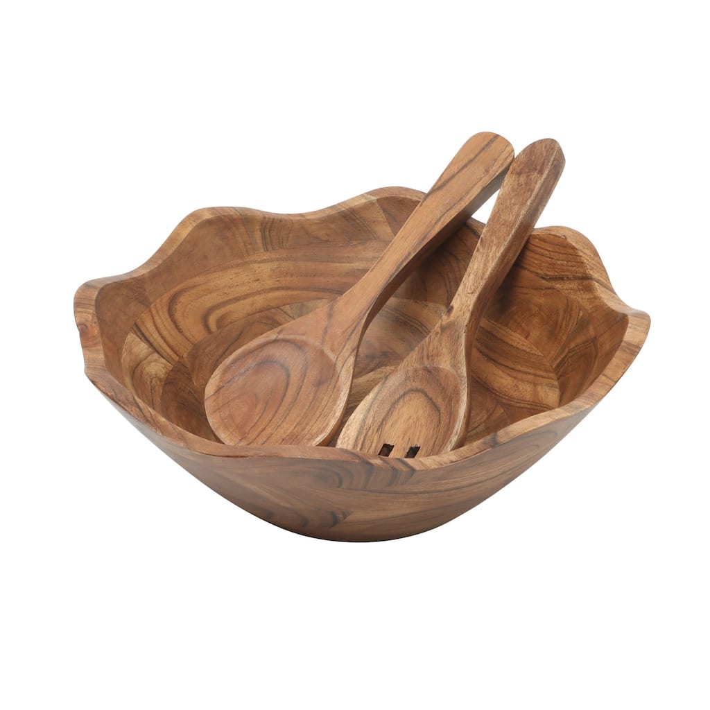 Gibson Home Sandhurst 3-Piece Acacia Wood Salad Bowl Set - 12-Inch Scalloped Serving Bowl with Wooden Salad Servers