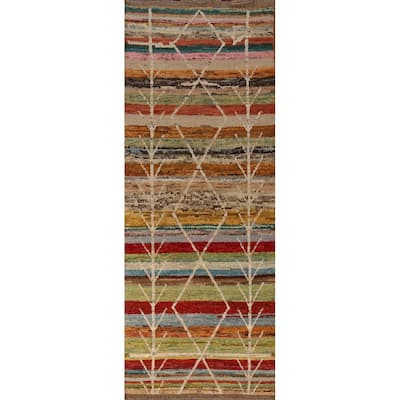 Geometric Moroccan Runner Rug Oriental Handmade Wool Carpet - 3'1" x 9'7"