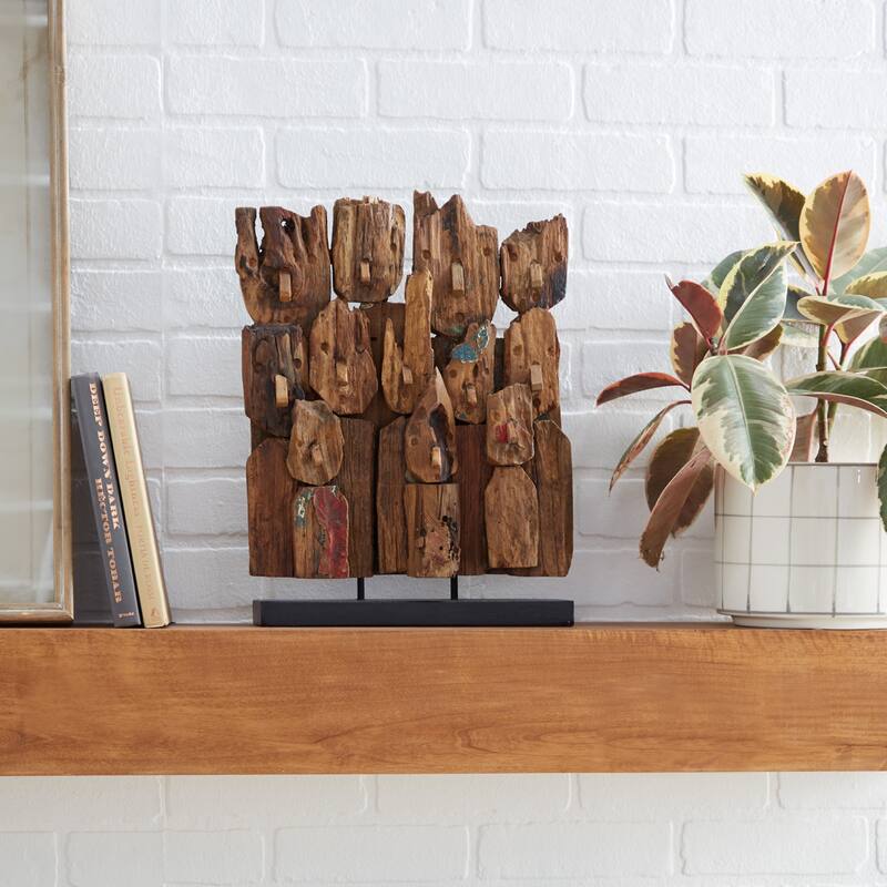 Teak Wood Abstract Handmade Carved Sculpture with Faces - Brown - Roche River Decor - 4"W x 13"L x 16"H