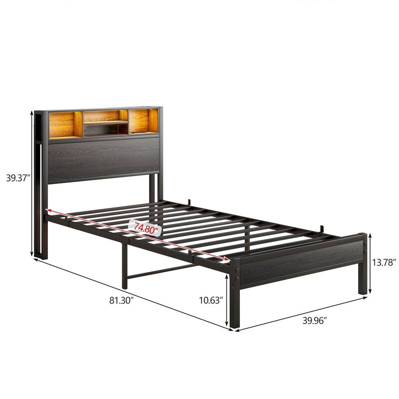 LED Twin Bed Frames Metal Platform Bed with Charging Station and Bookcase Storage