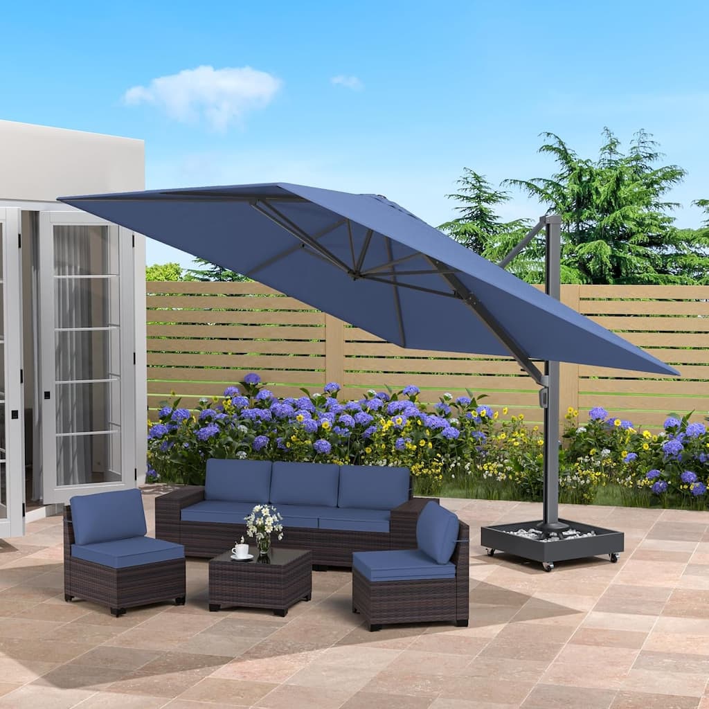 Outdoor Patio Furniture Set, Conversation set with 12FT Patio Umbrella in Navy Blue and Side Table