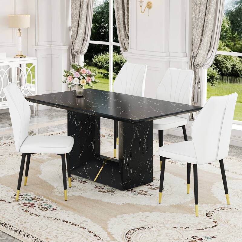 Modern Style 5-Piece Dining Set with Rectangular Table and 4 Widened Backrest Dining Chairs - White+Black