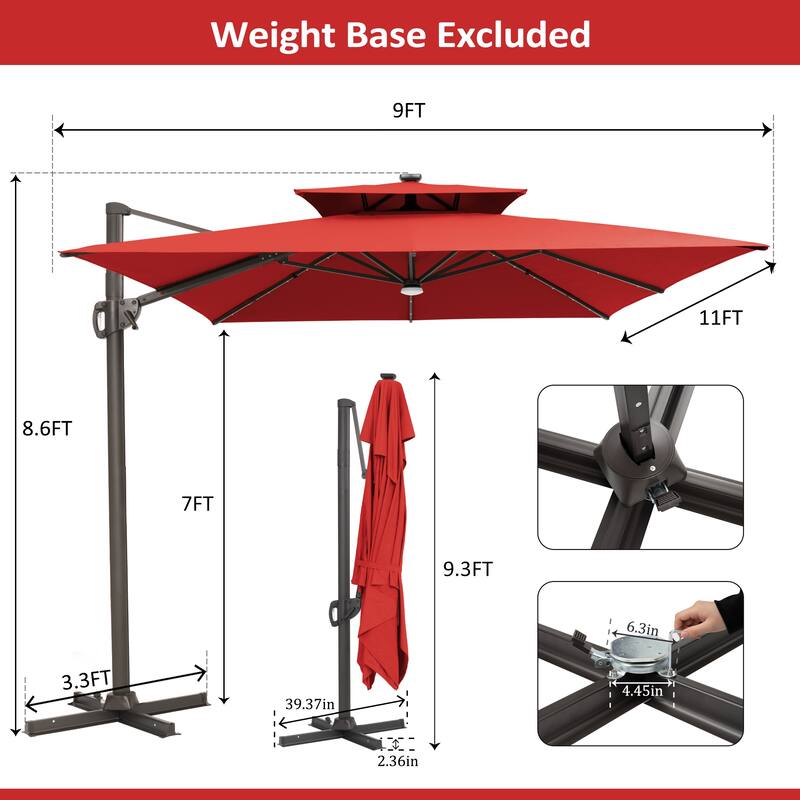 9 X 11 FT Outdoor Patio Cantilever Umbrella with Solar Lights Double Canopy 360 Rotation Tilt