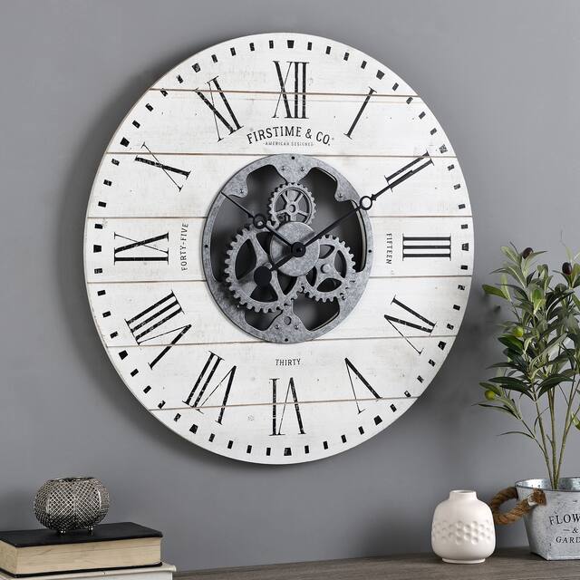 FirsTime & Co. Shiplap Farmhouse Gears Wall Clock - Aged White