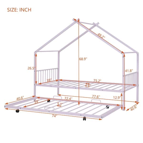 dimension image slide 13 of 16, Metal House Bed for Children Boys Girls Toddler Floor Bed House-shaped Frame Bed, Metal Slat Support Grounded Bed