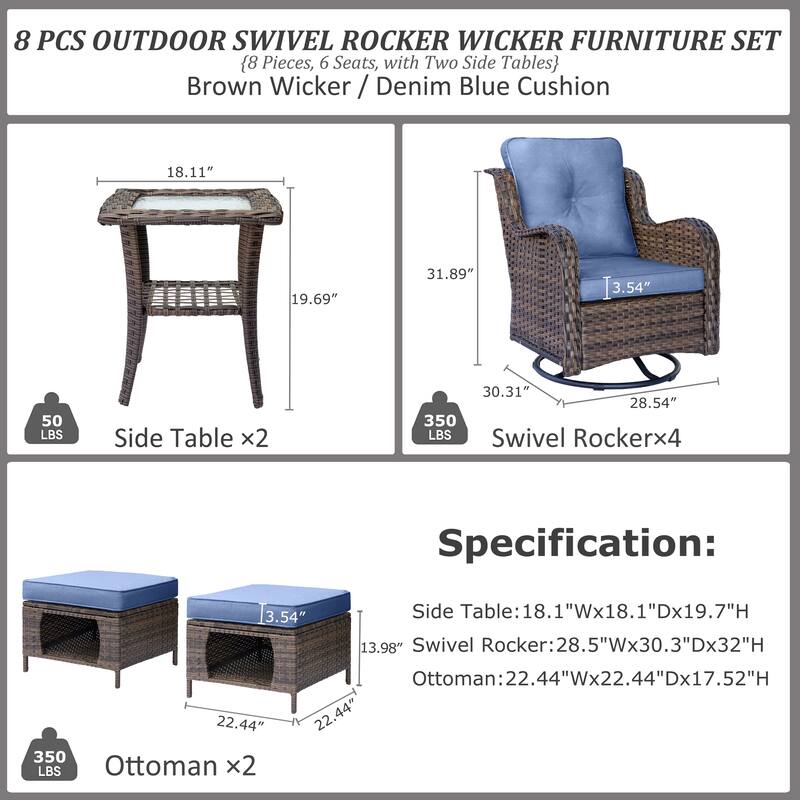 Wicker Outdoor Patio Conversation Seating Sets with Swivel Rocker Chairs