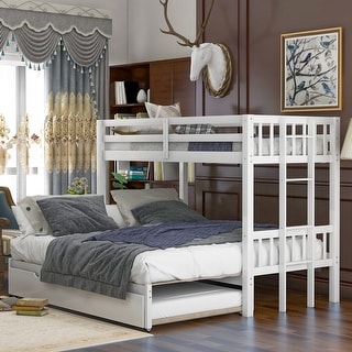 White Twin over Pull-out Wood Bunk Bed with Extendable Bottom Bed and Trundle, High Rails, Reversible Ladder