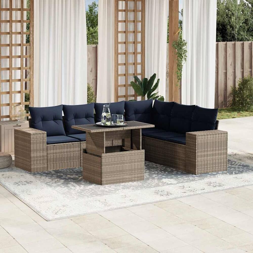 vidaXL 7 Piece Garden Sofa Set with Cushions Poly Rattan - 24.4" x 24.4" x 27.2"