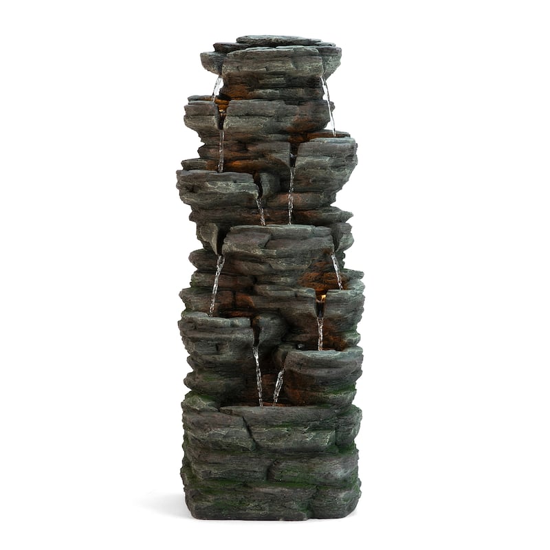 Glitzhome 39.25"H 9-Tiered Cascading Rock Polyresin Outdoor Fountain with Pump and LED Light