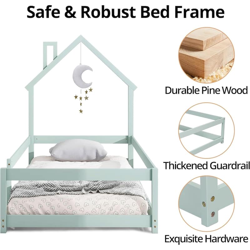 Twin Size House-Shaped Headboard Floor Bed with Fences