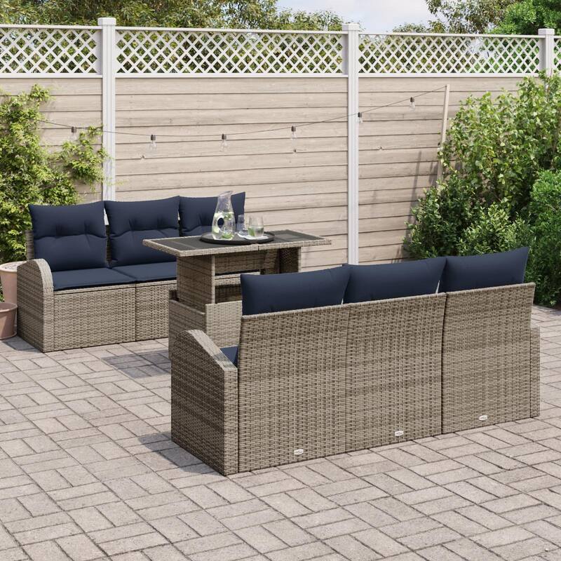 vidaXL 7 Garden Sofa Set with Cushions Black/Brown/Grey Poly Rattan - 70.5 x 24.4 x 27.2