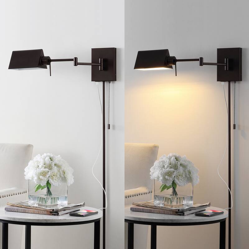 Curtis Farmhouse Swing Arm Plug-In or Hardwired Iron LED Wall Sconce with Pull-Chain with USB Charging Port, by JONATHAN Y