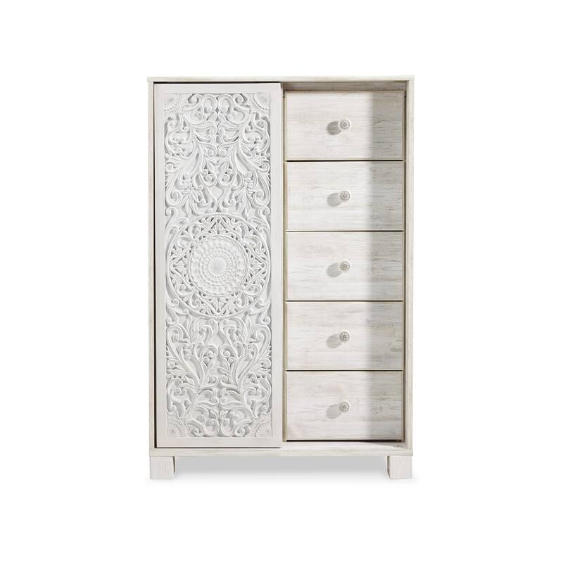 Paxy Tall Dresser Chest, 5 Drawers, Carved Sliding Door, Whitewash