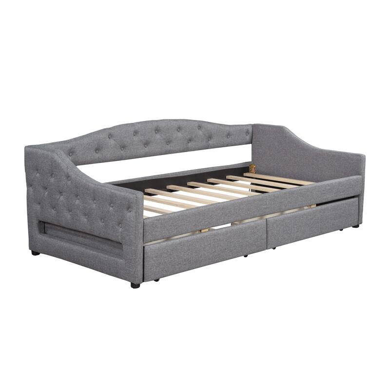 Twin XL Size Daybed with 2 Storage Drawers & LED Light, Linen Upholstered Sofa Bed Frame with Cover Backrest & Solid Wood Slats