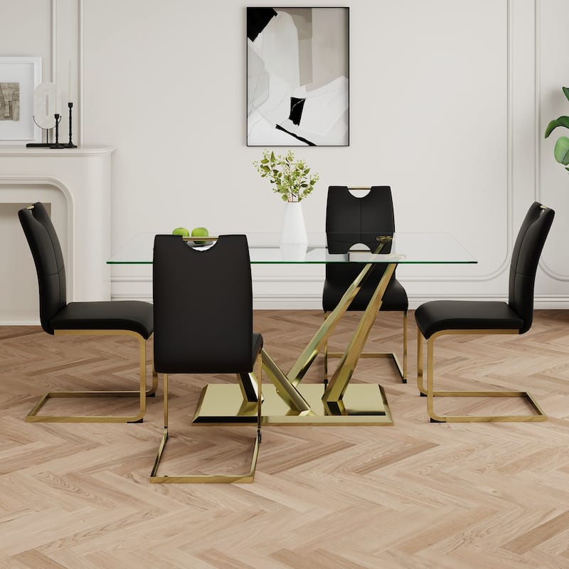 5-Piece Rectangular Dining Table Set for 4 Modern 63" Tempered Glass Kitchen Table with 4 Chairs, Luxury Dining Room Table Set