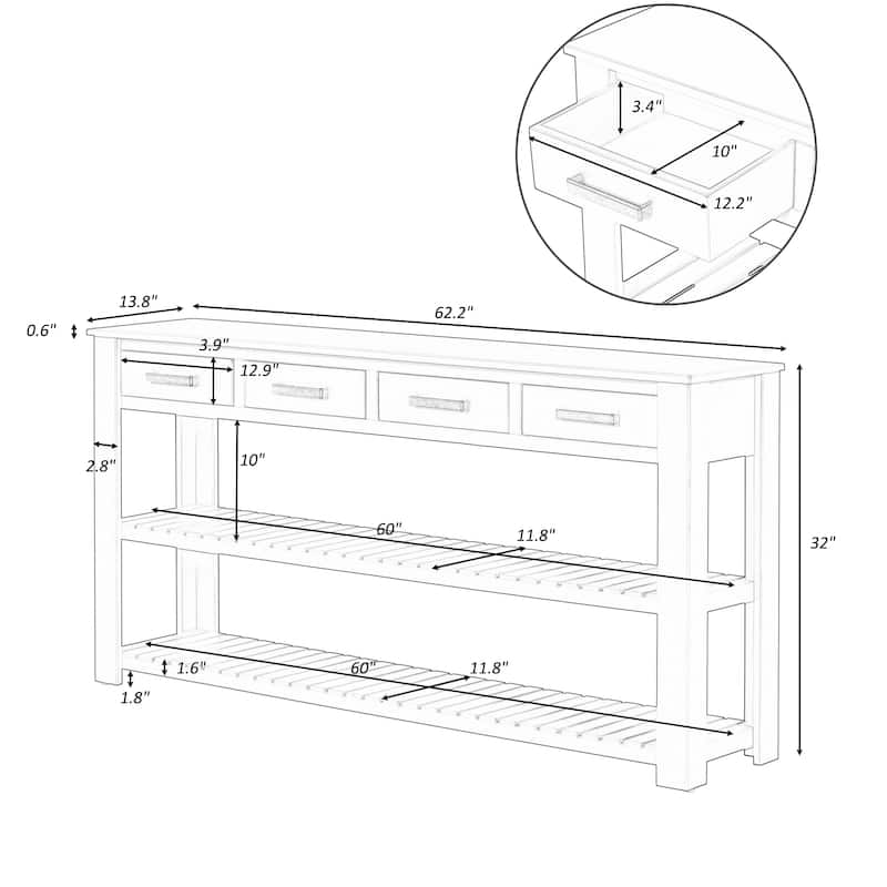 Stylish Entryway Console Table with 4 Drawers and 2 Shelves, Suitable for Entryways, Living Rooms.