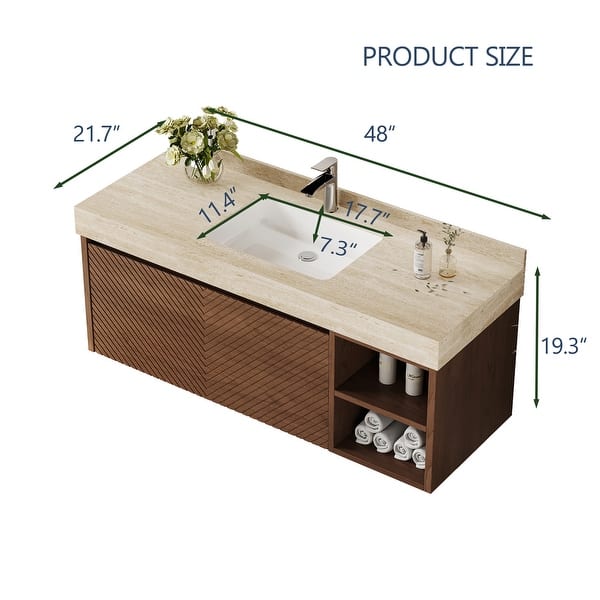 dimension image slide 3 of 10, 48" Modern Floating Single Bathroom Vanities with Sink, Brown or Natural wood, 2 Drawers