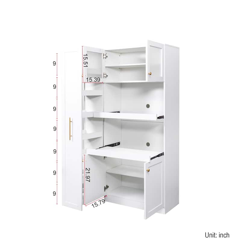 Farmhouse-Style 4-Door Pantry Cabinet – Multi-Tier Pull-Out Shelves & Built-In Organizers for Kitchen or Dining Room Storage.