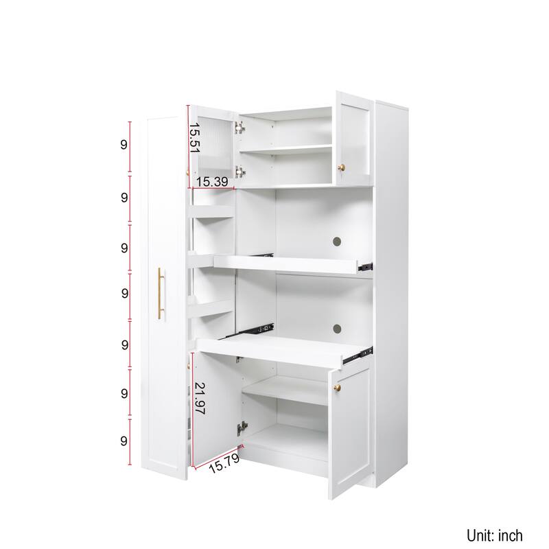 Wood Kitchen Pantry Cabinet with Pull-Out Storage Shelf, Modern Home Cabinet Hutch with Microwave Stand for Dining Room