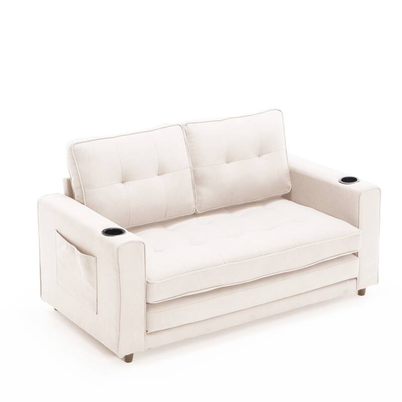 Upholstered Futon Sofa Convertible Sofa Bed Tufted Loveseat wFolding Mattress, Cup Holder & Pockets 2-seat Armchair