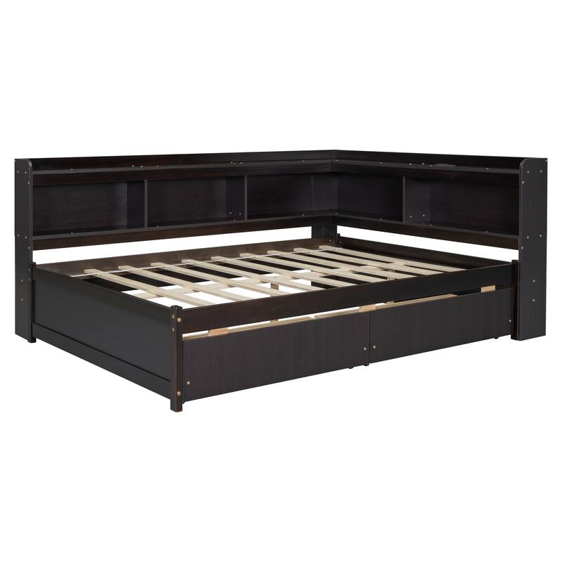 Corner Daybed Bookcases Bed with Power Outlets and Charging Ports, L-Shaped Storage Bed Frame Captains Bed with 2 Drawers