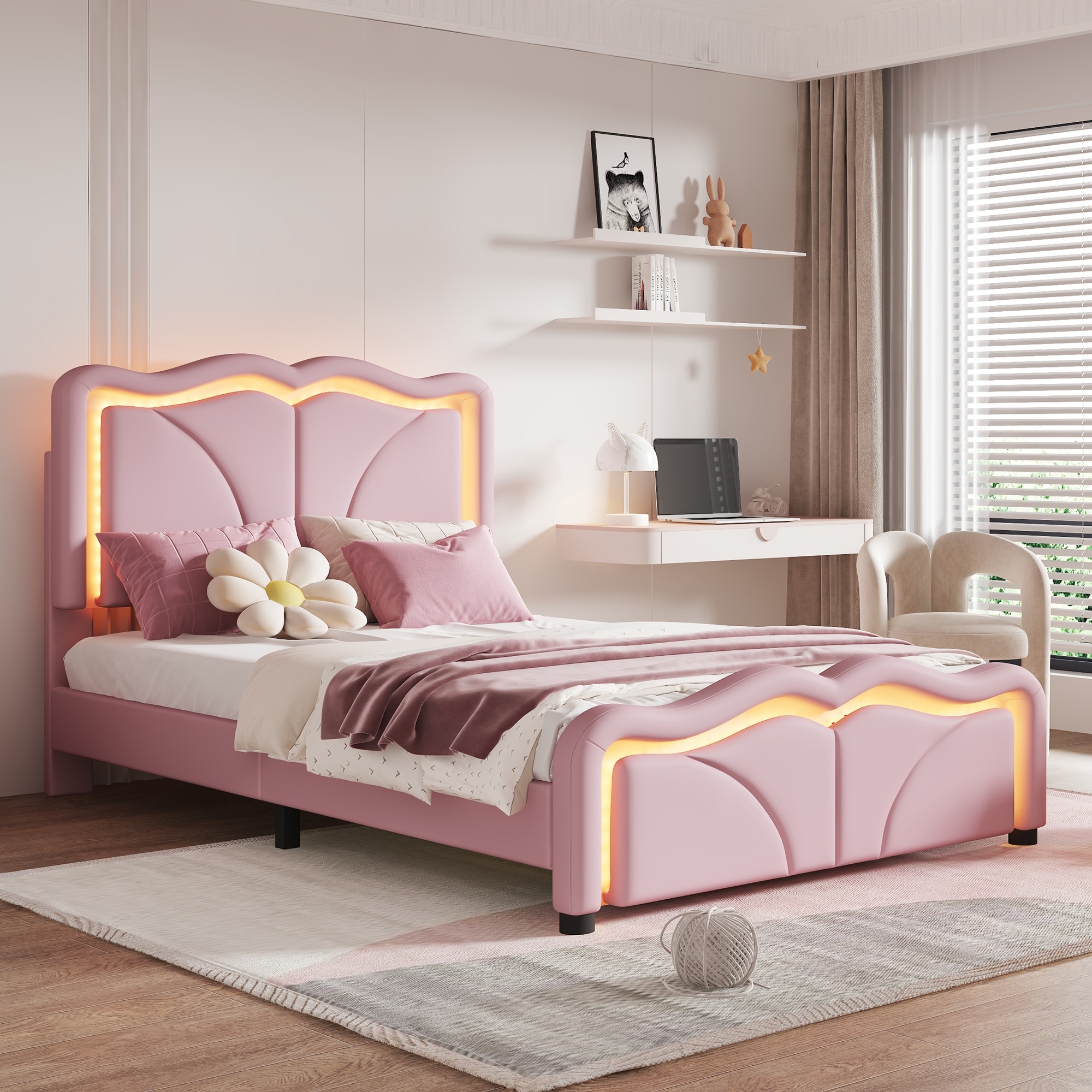 Curve Shaped Upholstered Bed Light Strips Headboard Footboard, Adjustbale Height Wingback Frame Bed, Low-Profile Platform Bed