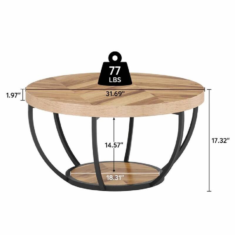 Round 2-Tier Wood Coffee Table with Metal Base for Living Room