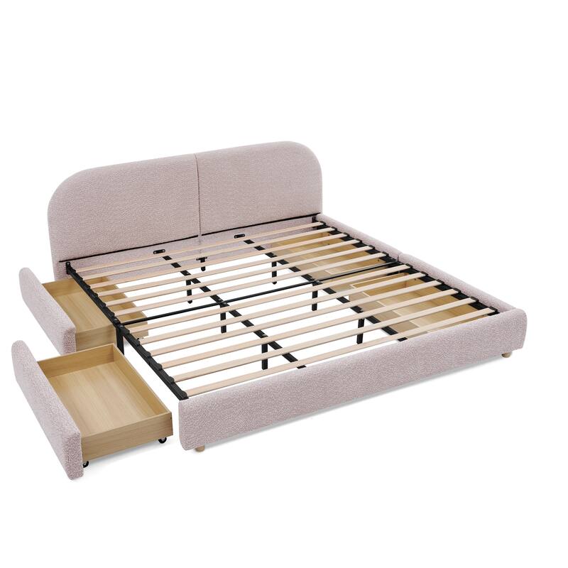 Fabric Upholstered Platform Bed Frame with Curved Headboard/4 Built-in Wheeled Storage Drawers/Sturdy Legs Support/Easy Assembly