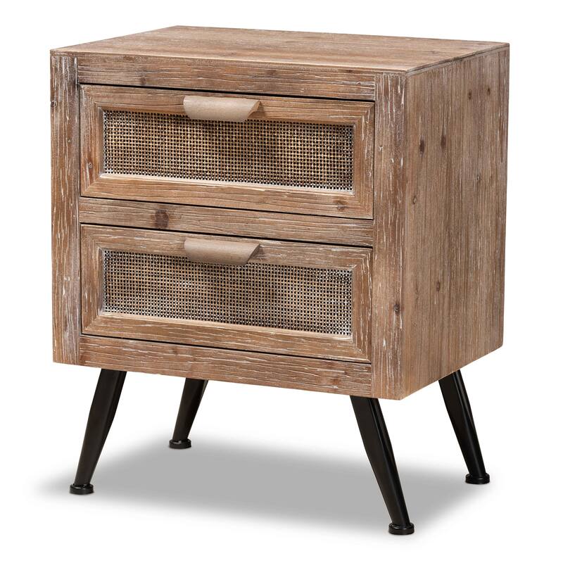 Baxton Studio Calida Mid-Century Modern Whitewashed Natural Brown Finished Wood and Rattan 2-Drawer End Table - Walnut
