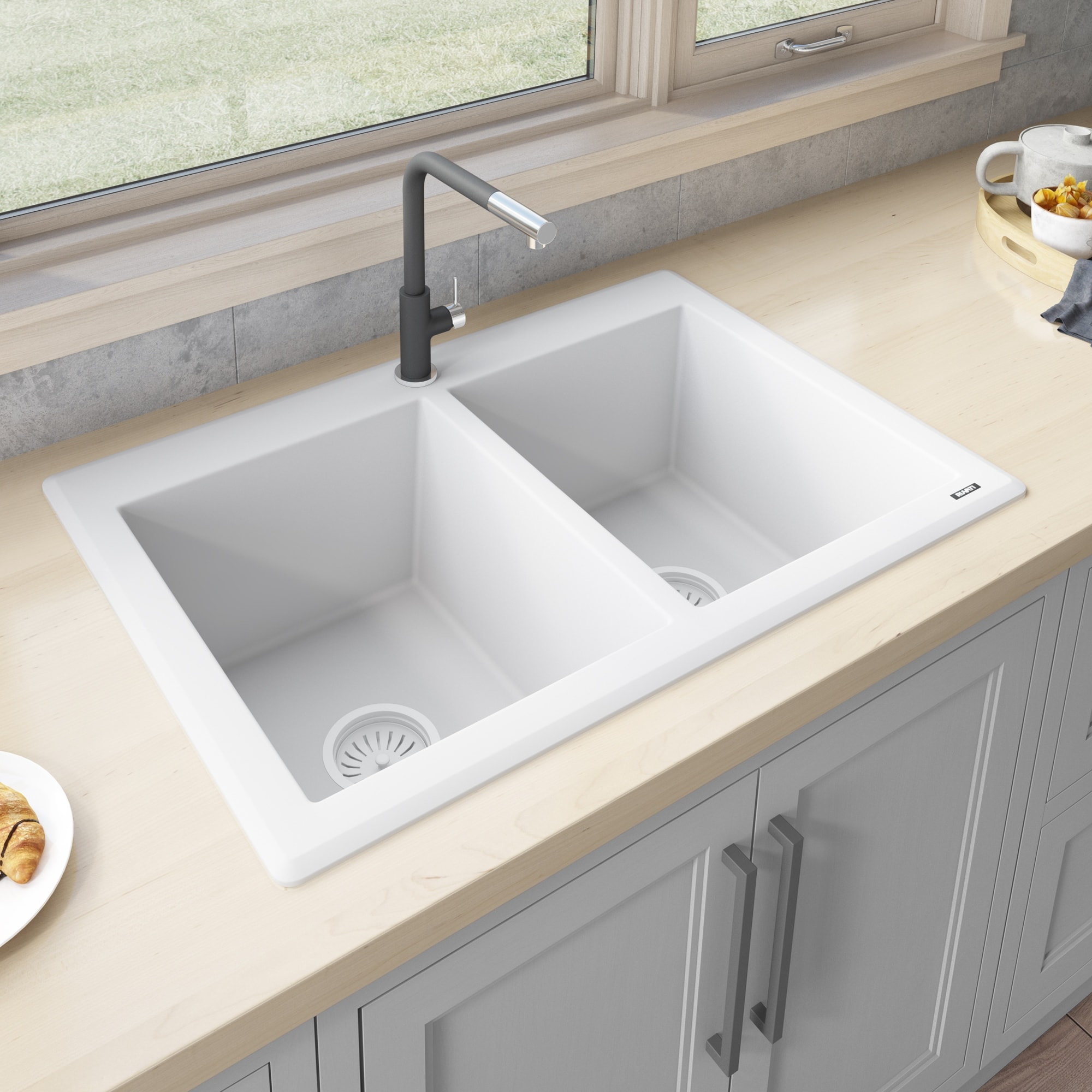 Ruvati 33 x 22 inch epiGranite Drop-in Granite Composite Quartz Double Bowl Kitchen Sink - Arctic White Matte - RVG1388WH