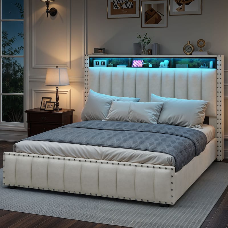 Lift Up Storage Nailhead Bed Frame with Charging Station, Velvet Upholstered Platform Bed with RGB LED Lights - Full