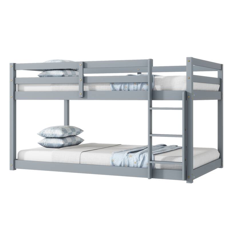 Solid Rubber Wood Twin over Twin Bunk Bed with Ladder, Grey, Strengthened Slats, Space Storage