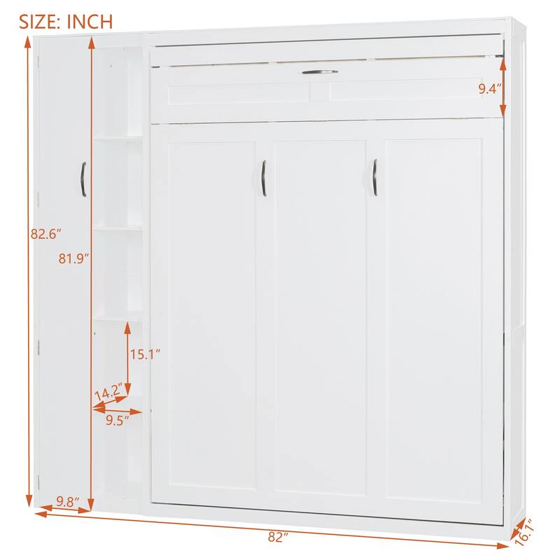 Space-Saving Full Murphy Bed with Shelves, Wardrobe & LED - Perfect for Guest Room & Office